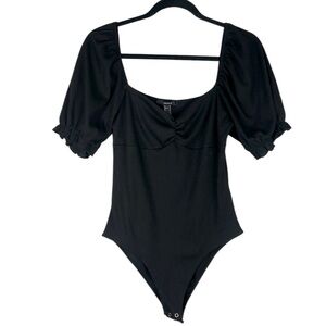 Forever 21 Black Puff Short Sleeve Sweetheart Neck Ribbed Bodysuit Size Large